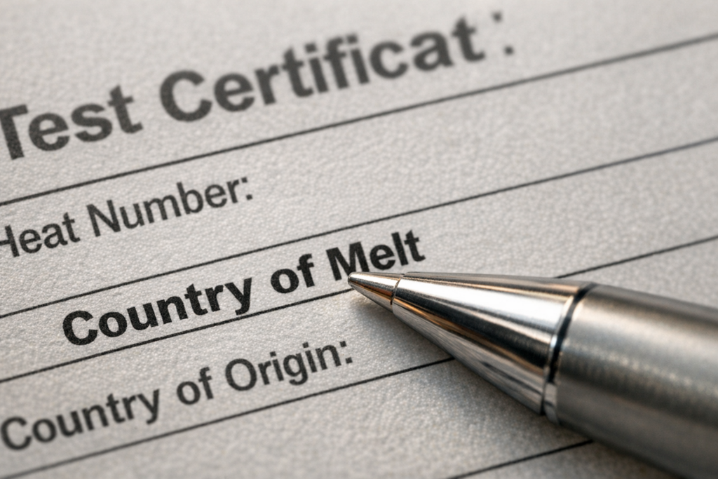 Certificato MTC in primo piano con penna che indica il campo Country of Melt per l’origine dell’acciaio.