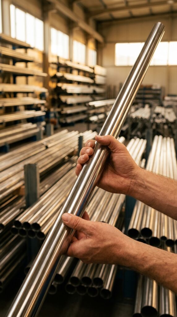 Mani che reggono un tubo in acciaio inox lucido nel magazzino Inoxtubi Padova, con scorte di tubi AISI 304 e 316 sullo sfondo