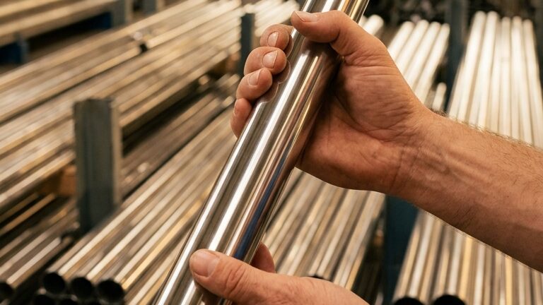 Mani che reggono un tubo in acciaio inox lucido nel magazzino Inoxtubi Padova, con scorte di tubi AISI 304 e 316 sullo sfondo