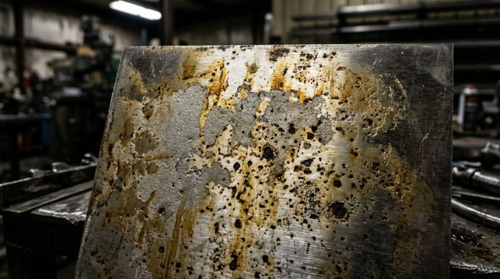 Superficie di una piastra in acciaio inox AISI 304 
danneggiata da bagno di decapaggio aggressivo: 
macchie, corrosione localizzata e attacco chimico irregolare