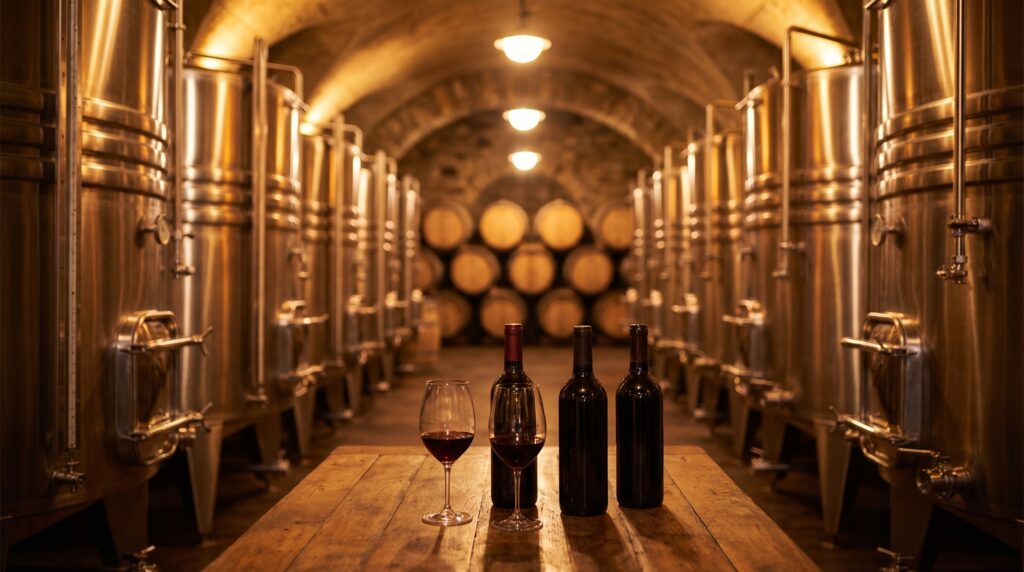 Serbatoi in acciaio inox AISI 304 in una cantina di vinificazione con botti di rovere